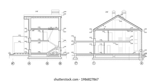 Private house section, detailed architectural technical drawing, vector blueprint