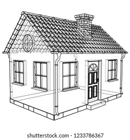 Private house sketch. Vector rendering of 3d. Wire-frame style. The layers of visible and invisible lines are separated
