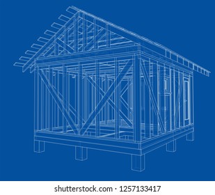 Private house sketch. Vector rendering of 3d. Wire-frame style. The layers of visible and invisible lines are separated