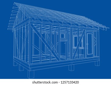 Private house sketch. Vector rendering of 3d. Wire-frame style. The layers of visible and invisible lines are separated