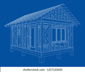 Private house sketch. Vector rendering of 3d. Wire-frame style. The layers of visible and invisible lines are separated