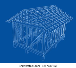 Private house sketch. Vector rendering of 3d. Wire-frame style. The layers of visible and invisible lines are separated
