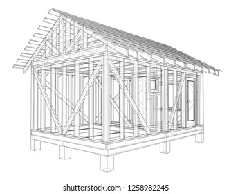 Private house sketch. Vector rendering of 3d. Wire-frame style. The layers of visible and invisible lines are separated