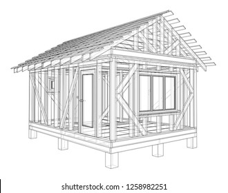 Private house sketch. Vector rendering of 3d. Wire-frame style. The layers of visible and invisible lines are separated