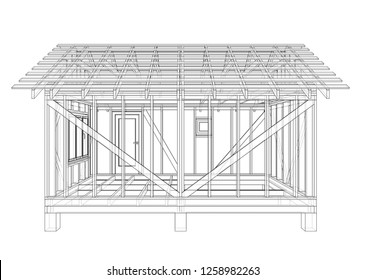 Private house sketch. Vector rendering of 3d. Wire-frame style. The layers of visible and invisible lines are separated