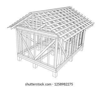 Private house sketch. Vector rendering of 3d. Wire-frame style. The layers of visible and invisible lines are separated