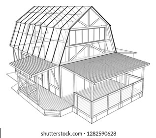 Private house sketch. Vector rendering of 3d. Wire-frame style. The layers of visible and invisible lines are separated