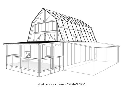 Private house sketch. Vector rendering of 3d. Wire-frame style. The layers of visible and invisible lines are separated
