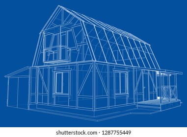 Private house sketch. Vector rendering of 3d. Wire-frame style. The layers of visible and invisible lines are separated