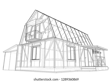Private house sketch. Vector rendering of 3d. Wire-frame style. The layers of visible and invisible lines are separated