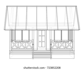 Private house sketch. Vector rendering of 3d. Wire-frame style. The layers of visible and invisible lines are separated