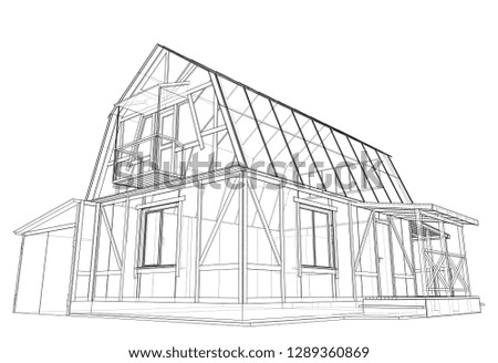 Private house sketch. Vector rendering of 3d. Wire-frame style. The layers of visible and invisible lines are separated