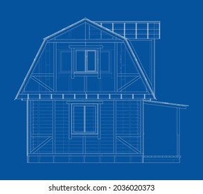 Casa privada. Representación vectorial de 3d. Estilo de marco de cables. Las capas de líneas visibles e invisibles están separadas. Ortografía o isométrica