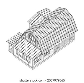Private house. Vector rendering of 3d. Wire-frame style. The layers of visible and invisible lines are separated. Orthography or isometric