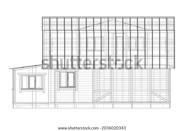 Private house. Vector rendering of 3d.\
Wire-frame style. The layers of visible and invisible lines are\
separated. Orthography or\
isometric