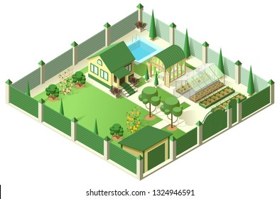 Private house yard with plot of land behind high fence. Isometric 3d illustration. Isolated on white vector