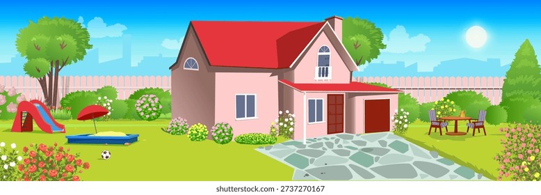 Private house yard  With roses, decorative bushes, fruit trees, a place for children to relax, a playground in Gorky, a sandbox with a sun umbrella, a shovel, a soccer ball, a paving stone path, a garage, yard buildings, a table and chairs for a picnic Spring Flowers are blooming in the garden Green grass Summer games Entertainment Relaxation at the dacha Home Comfort
