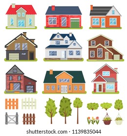 Private houses and garden elements color flat icons set