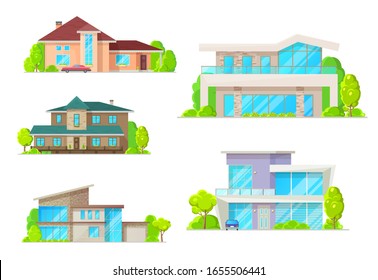 Privathäuser und Häuser, Wohnimmobilien Vektorillustration Flache Fassade Symbole. Modernes Familienhaus, Luxusvilla, Herrenhaus und Cottage, Stadthaus, Duplex-Wohnungen Fassaden mit Garage und Garten