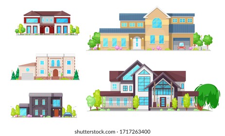 Private houses and homes, residential real estate vector icons. Family house, villas, mansions and cottages, modern townhouse property, duplex apartments facades with garage and garden