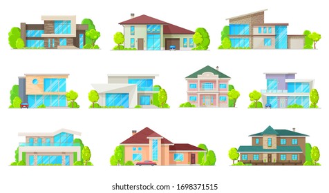 Private houses and hones, reals estate facades vector flat icons. Residential villas and mansion buildings, family houses, cottages, townhouse property, luxury duplex apartments with garage and garden