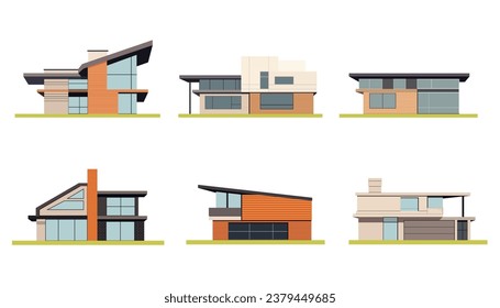 Private houses and hones, reals estate facades vector flat icons. Building exterior of contemporary villa. Private real estate.