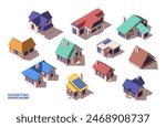 Private houses isometric icons set. Illustrations of luxury cottages, family home, building facades with windows and residential property. Cartoon 3D vector collection isolated on white background