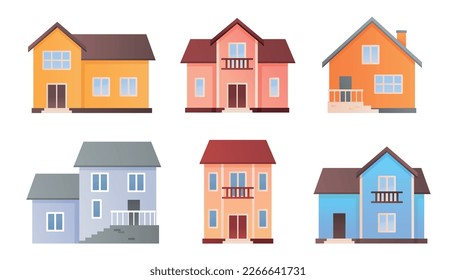 Private houses set. Collection of graphic elements for website. Real estate and urban buildings, architecture, facade and exterior. Cartoon flat vector illustrations isolated on white background