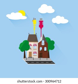 Private houses with two network cables in red and yellow. Network connection for your building or house. Vector and illustration design.