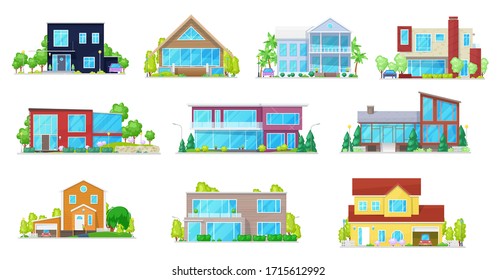 Private houses, villa, mansion and cottage, residential buildings, real estate vector icons. Modern facades of townhouse property, family house, duplex apartments and lodge with garage and garden