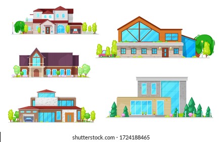 Private houses, villas and mansion buildings, real estate vector flat icons. Family houses and cottages, townhouse property, luxury duplex apartments with garage and garden