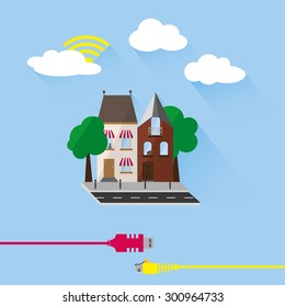 Private houses with wifi icon and two network cables in red and yellow on the bottom. Network connection for your building or house. Vector and illustration design.