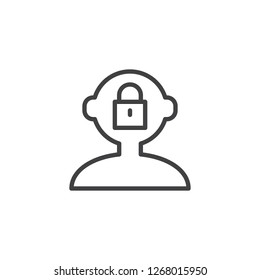 Private human mind outline icon. linear style sign for mobile concept and web design. Human head wiith lock simple line vector icon. Symbol, logo illustration. Pixel perfect vector graphics