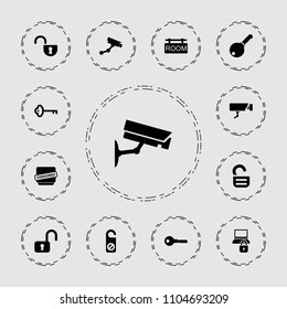 Private icon. collection of 13 private filled icons such as security camera, do not disturb, key, censored, room tag. editable private icons for web and mobile.