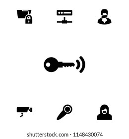 Private icon. collection of 7 private filled icons such as censored woman, folder protection, door knob, key, security camera. editable private icons for web and mobile.