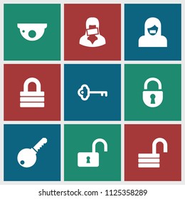 Private icon. collection of 9 private filled icons such as lock, opened lock, censored woman, key. editable private icons for web and mobile.