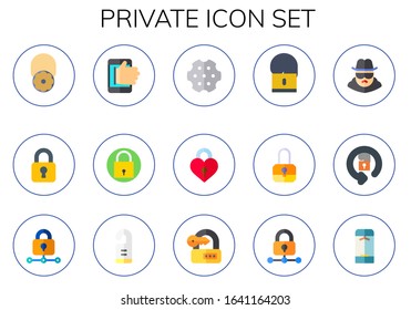 private icon set. 15 flat private icons. Included locked, lock, hacking, revolver, padlock, spy, door hanger, locker icons