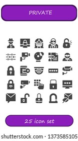 private icon set. 25 filled private icons.  Collection Of - Spy, Padlock, Censor, Bodyguard, Lock, Barbed wire, Cctv, Cam, Hacker, Surveillance, Password, Private message, Unlock