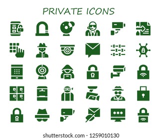  private icon set. 30 filled private icons. Simple modern icons about  - Padlock, Lock, Cam, Bodyguard, Security camera, Hacker, Password, Spy, Surveillance, Private message, Barbed wire