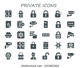 private icon set. 30 filled private icons.  Collection Of - Lockers, Padlock, Lock, Cctv, Locked, Hacker, Surveillance, Door hanger, Password, Hidden camera, Vpn, Spy, Cam, Unlock