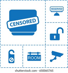 Private icon. set of 6 private filled icons such as do not disturb, opened lock, censored, room tag, reserved