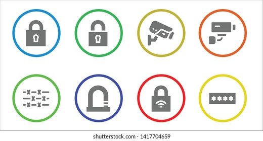 private icon set. 8 filled private icons.  Collection Of - Lock, Barbed wire, Cctv, Security camera, Password