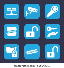 Private icon. set of 9 filled private icons such as opened lock, censored, reserved, door knob, security camera, key on hand, open lock, folder protection