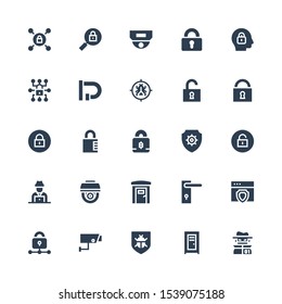 private icon set. Collection of 25 filled private icons included Hacker, Locker, Antivirus, Security camera, Lock, Door handle, Portable toilets, Cctv, Unlock, Padlock, Vpn