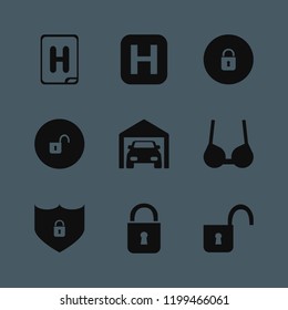 private icon. private vector icons set open lock, hospital sign, private garage and brassiere