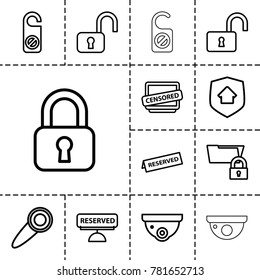 Private icons. set of 13 editable outline private icons such as security camera, do not disturb, lock, open lock, opened lock, censored, folder protection, reserved