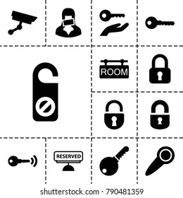 Private icons. set of 13 editable filled private icons such as do not disturb, key, lock, censored woman, room tag, reserved, door knob, security camera