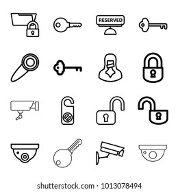 Private icons. set of 16 editable outline private icons such as key, security camera, do not disturb, open lock, censored woman, folder protection, reserved, door knob
