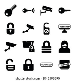 Private icons. set of 16 editable filled private icons such as security camera, lock, key, censored, folder protection, reserved, security camera, do not disturb, opened lock