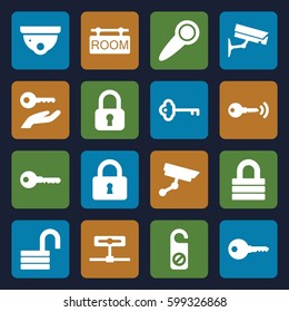 private icons set. Set of 16 private filled icons such as security camera, do not disturb, key, lock, opened lock, room tag, door knob, key on hand